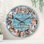 Anpassningsbar Photo Collage Natural Wood Family N Rund Klocka<br><div class="desc">Skapa enkelt din egen personlig blå,  roliga drivträplåt från sjö hus stil med väggklocka med dina anpassningsbar foton,  familjens namn och ett etablerat år. För bästa resultat ska skörd gå till kvadrat - med skärningspunkten i mitten - före uppladdning.</div>