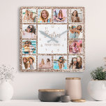 Anpassningsbar Photo Collage Ro Guld Glitter Vänsk Fyrkantig Klocka<br><div class="desc">Gör den här eleganten för trendig vit och ro guld faux-fotosamlingsmur för glitter unik med 12 av dina favoritfoton med din eller dina bästa vänner. Utformningen har även ett modernt handskript med "Besties"-skript och namn.</div>