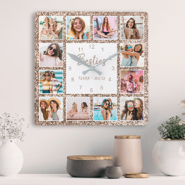 Anpassningsbar Photo Collage Ro Guld Glitter Vänsk Fyrkantig Klocka