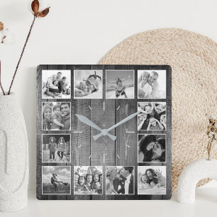 Anpassningsbar Photo Collage Rustic Farmhouse Blac Fyrkantig Klocka