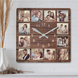 Anpassningsbar Photo Collage Rustic Farmhouse Fami Fyrkantig Klocka