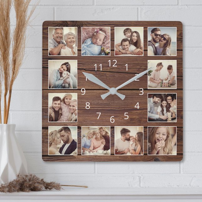 Anpassningsbar Photo Collage Rustic Farmhouse Fami Fyrkantig Klocka (Skapare uppladdad)