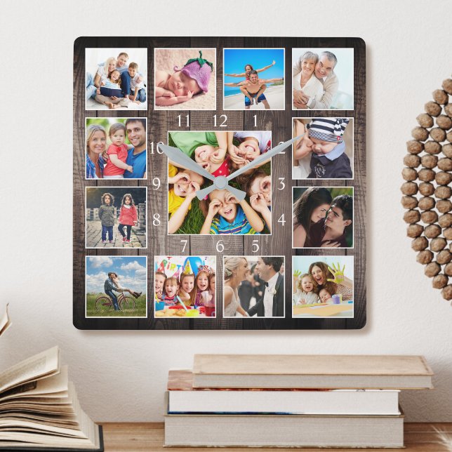 Anpassningsbar Photo Collage Rustic Farmhouse Fami Fyrkantig Klocka (Skapare uppladdad)