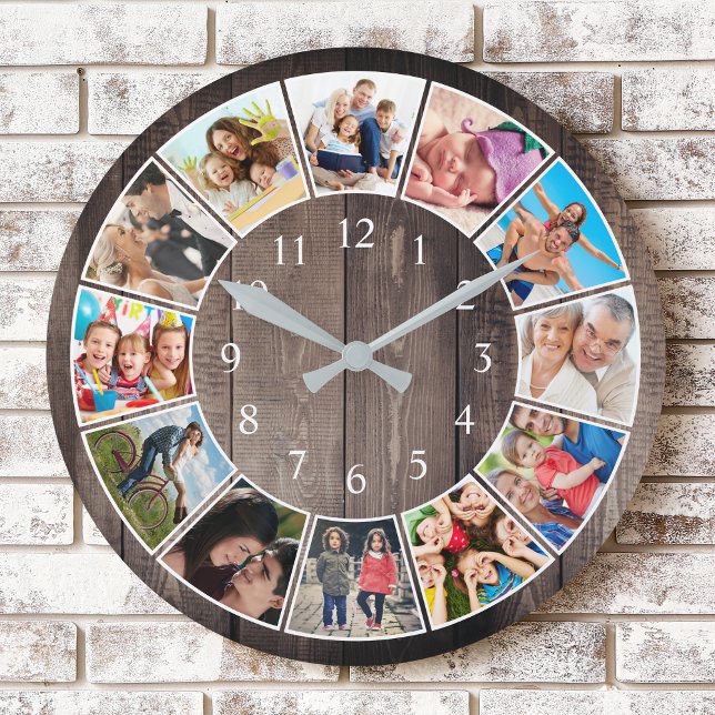 Anpassningsbar Photo Collage Rustic Farmhouse Fami Rund Klocka (Skapare uppladdad)
