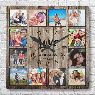 Anpassningsbar Photo Collage Rustic Farmhouse Kärl Fyrkantig Klocka