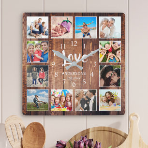Anpassningsbar Photo Collage Rustic Farmhouse Kärl Fyrkantig Klocka