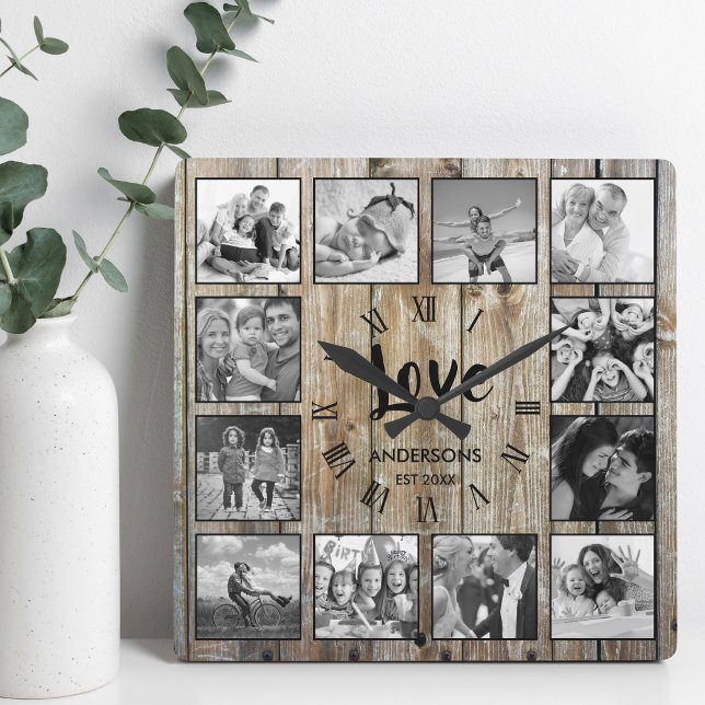 Anpassningsbar Photo Collage Rustic Farmhouse Kärl Fyrkantig Klocka (Skapare uppladdad)