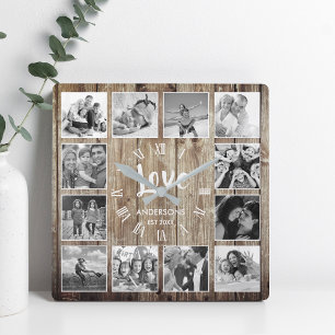 Anpassningsbar Photo Collage Rustic Farmhouse Kärl Fyrkantig Klocka