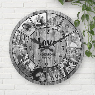 Anpassningsbar Photo Collage Rustic Farmhouse Kärl Rund Klocka