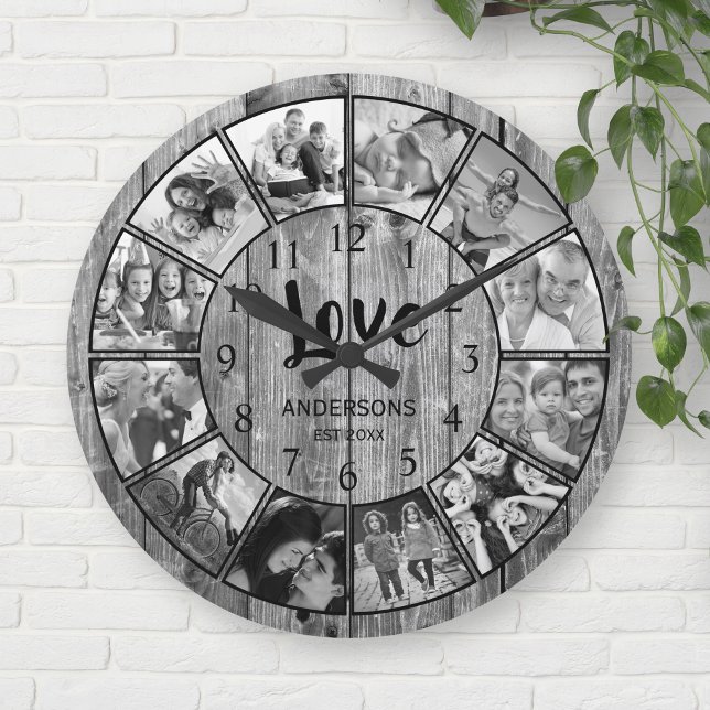 Anpassningsbar Photo Collage Rustic Farmhouse Kärl Rund Klocka (Skapare uppladdad)