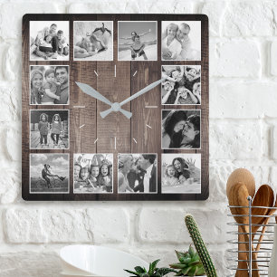 Anpassningsbar Photo Collage Rustic Farmhouse-skri Fyrkantig Klocka