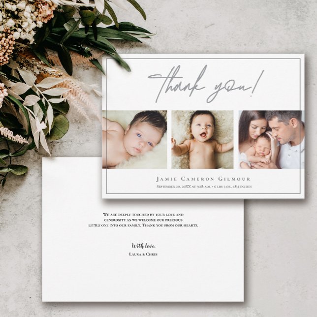 Anpassningsbar Photo Collage Simple Script Baby Tack Kort (Handlettering thank you script baby photos and birth stats.)