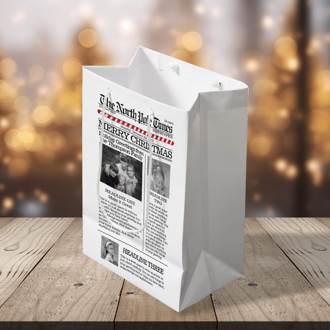 Anpassningsbar Photo Collage Whimsical jul (Merry Christmas whimsical photo newspaper gift bag. )