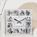 Anpassningsbar Photo Collage White Elegant Wood Fa Fyrkantig Klocka<br><div class="desc">Anpassa enkelt den här vita eleganten av träplank med stil-väggklocka med anpassningsbarnas foton. Mallen användor ett svartvitt fotofilter för att skapa ett mer koordinerat utseende. För bästa resultat ska skörd gå till kvadrat - med skärningspunkten i mitten - före uppladdning.</div>