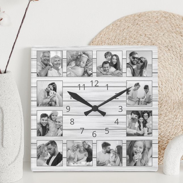 Anpassningsbar Photo Collage White Elegant Wood Fa Fyrkantig Klocka (Skapare uppladdad)
