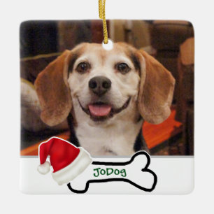 Anpassningsbar Photo Cute Hund Bone med Santa Hat Julgransprydnad Keramik