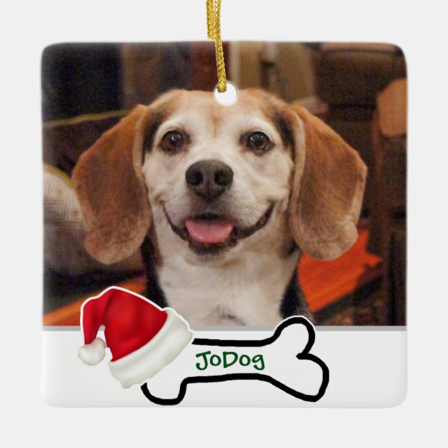 Anpassningsbar Photo Cute Hund Bone med Santa Hat Julgransprydnad Keramik (Framsida)