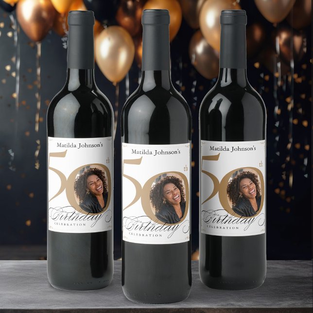 Anpassningsbar Photo Elegant Guld 50:e Födelsedags Vinflaska Etikett (Custom Photo Elegant Gold 50th Birthday Party Wine Label)