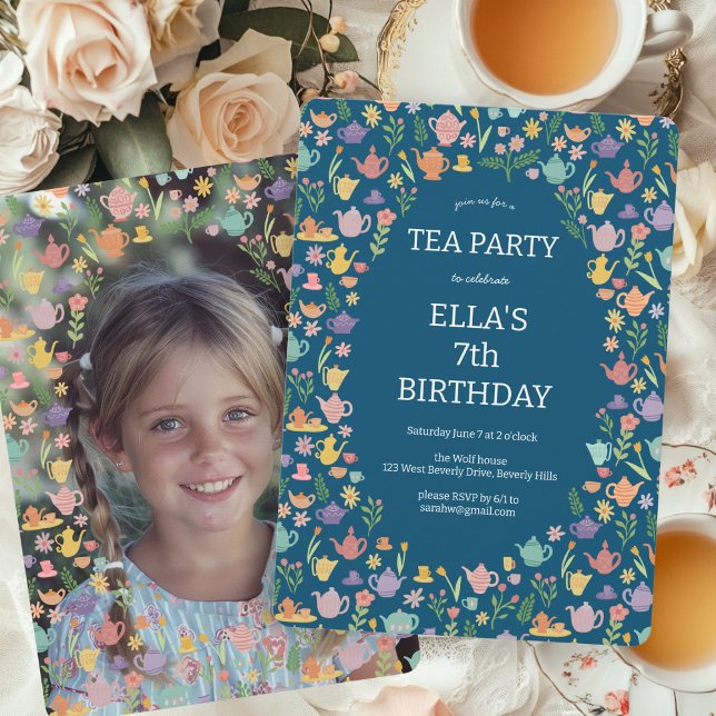 Anpassningsbar PHOTO för tea Party Birthday Cute C Inbjudningar (Tea Party Birthday Party Cute Floral Spring Custom PHOTO Invitation
)