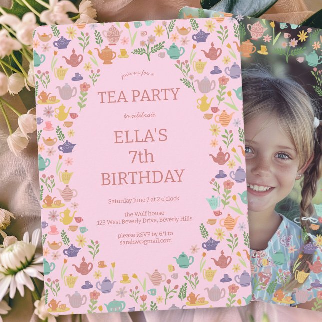 Anpassningsbar PHOTO för tea Party Birthday Cute C Inbjudningar (Tea Party Birthday Cute Custom PHOTO Invitation Pink Girlie Cute Sweet 
)