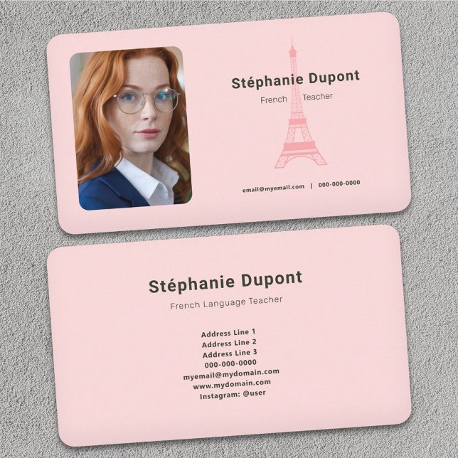 Anpassningsbar Photo - Fransk Lärares Rosa Visitkort (French Teacher Pink Business Card)