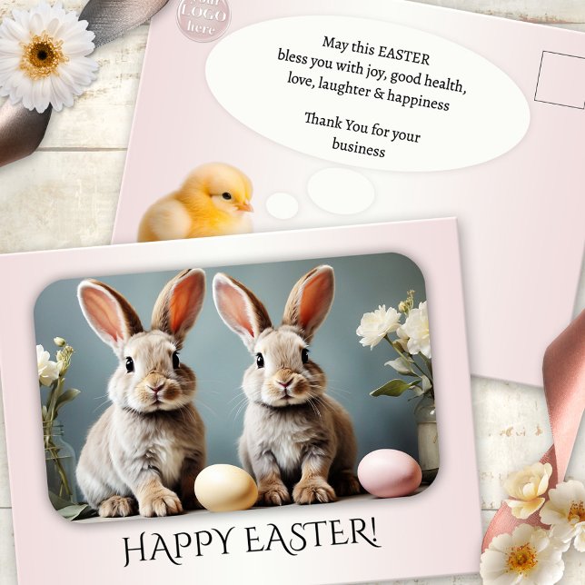 Anpassningsbar Photo Glad påsk Business Helg Vykort (Happy Easter Thank You for your business postcard with custom photo and logo on soft pastel pink)