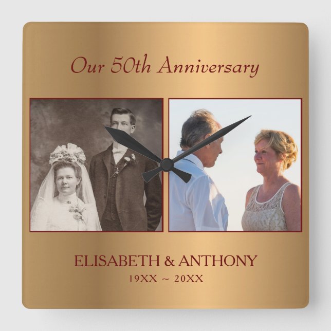 Anpassningsbar Photo Guld-årsdag Fyrkantig Klocka (Framsida)