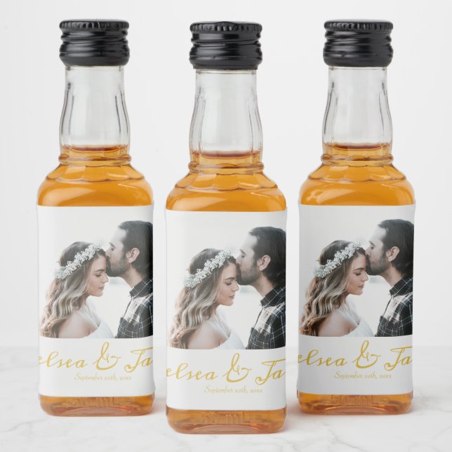 Anpassningsbar Photo Guld Calligraphy Wedding Favo Spritflaskor Etikett (Flaskor)