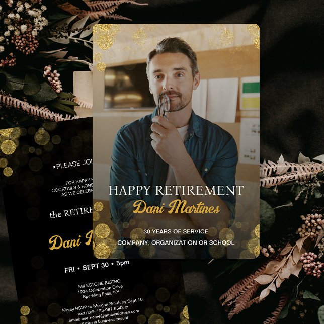 Anpassningsbar Photo Guld Confetti Lycklig Pension Inbjudningar (Custom Photo Gold Confetti Happy Retirement Party Invitation)