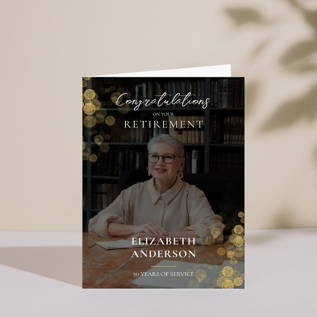 Anpassningsbar Photo Guld Confetti Pension Employe Tack Kort (Custom Photo Gold Confetti Retirement Employee Thank You Card)
