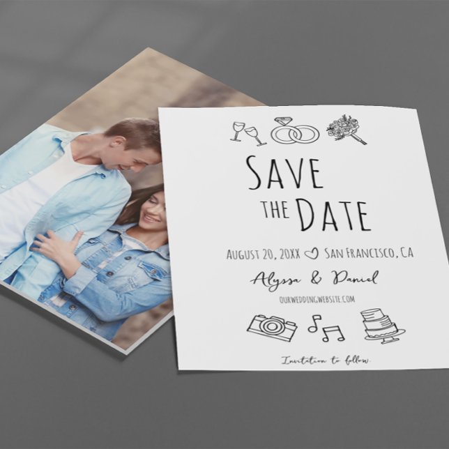 Anpassningsbar Photo Hand plockade minimal Black W (Whimsical hand drawn fun and unique photo wedding save the date cards.)