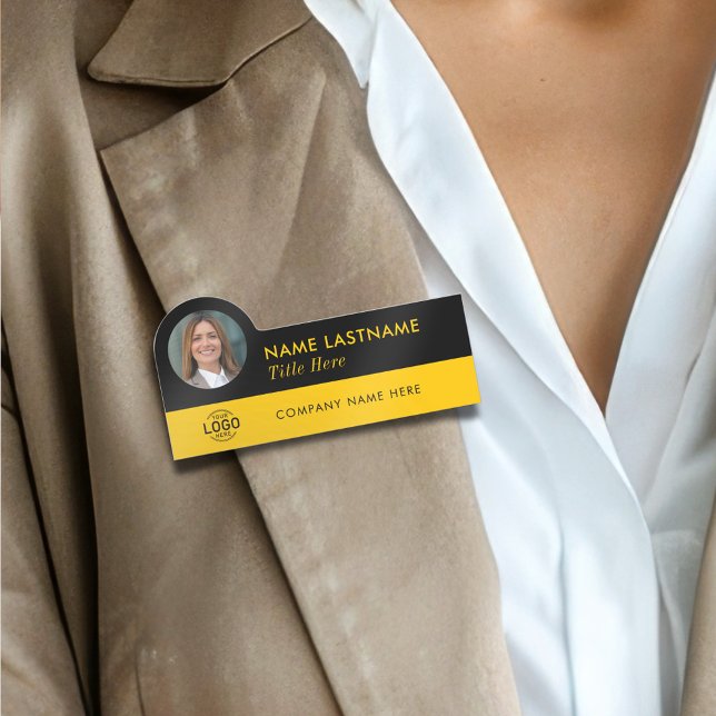 Anpassningsbar Photo ID Logotyp Modern Gult Black  Namnbricka (Skapare uppladdad)