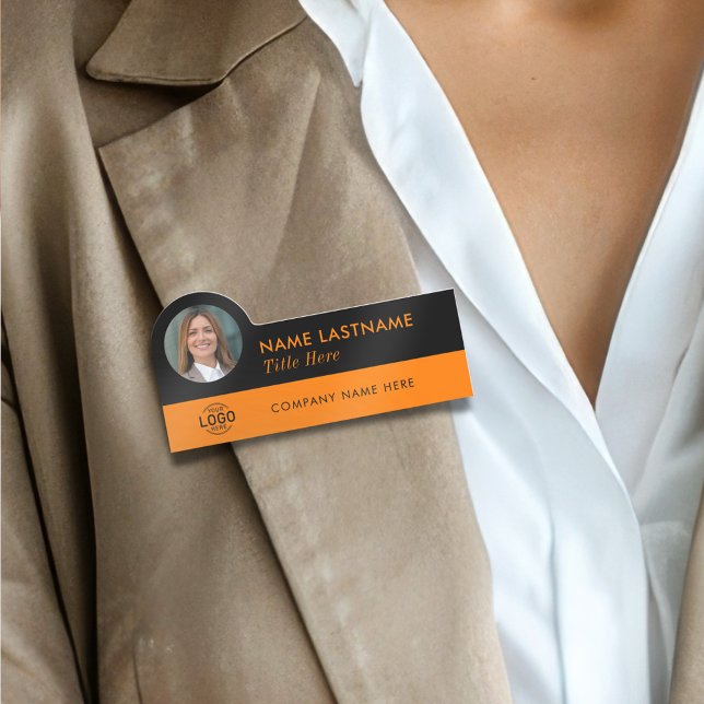 Anpassningsbar Photo ID Logotyp Modern Orange Blac Namnbricka (Skapare uppladdad)