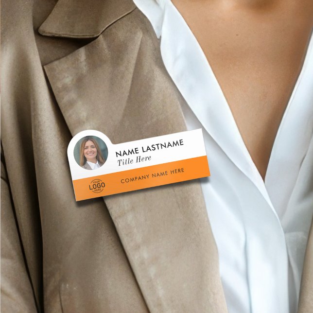 Anpassningsbar Photo ID Logotyp Modern Orange Enke Namnbricka (Skapare uppladdad)
