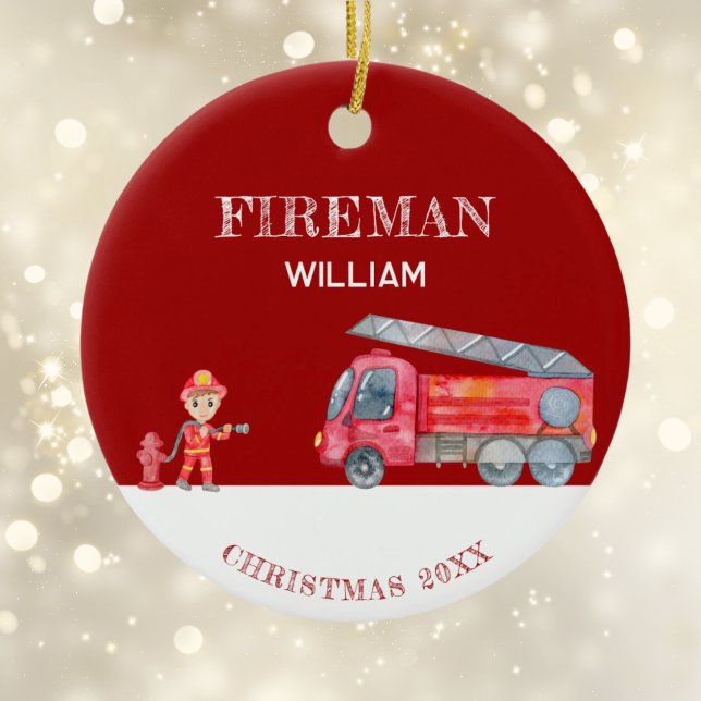 Anpassningsbar Photo Keepsak Fireman-brandbil Julgransprydnad Keramik (Custom Photo Keepsake Fireman Christmas Firetruck Ceramic Tree Decoration)