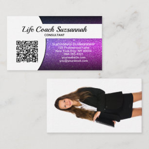 Anpassningsbar Photo Lila Ombre Glitter QR Profess Visitkort