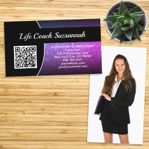 Anpassningsbar Photo Lila Ombre Glitter QR Profess Visitkort