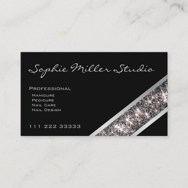 Anpassningsbar Photo Logotyp Black Silver Glitter  Visitkort (Framsida)