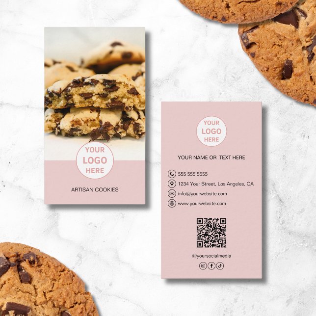 Anpassningsbar Photo Logotyp QR Rosa Bakery Visitkort (Custom Photo Logo QR Pink Bakery Business Card)