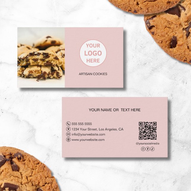 Anpassningsbar Photo Logotyp QR Rosa Bakery Visitkort (Custom Photo Logo QR Pink Bakery Business Card)
