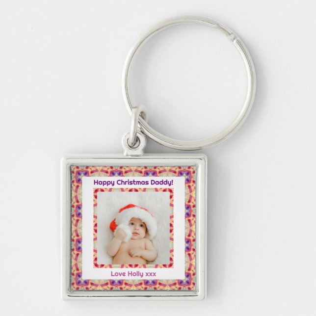 Anpassningsbar Photo Lycklig jul Jolly pappa Pappa Fyrkantig Silverfärgad Nyckelring (Framsidan)