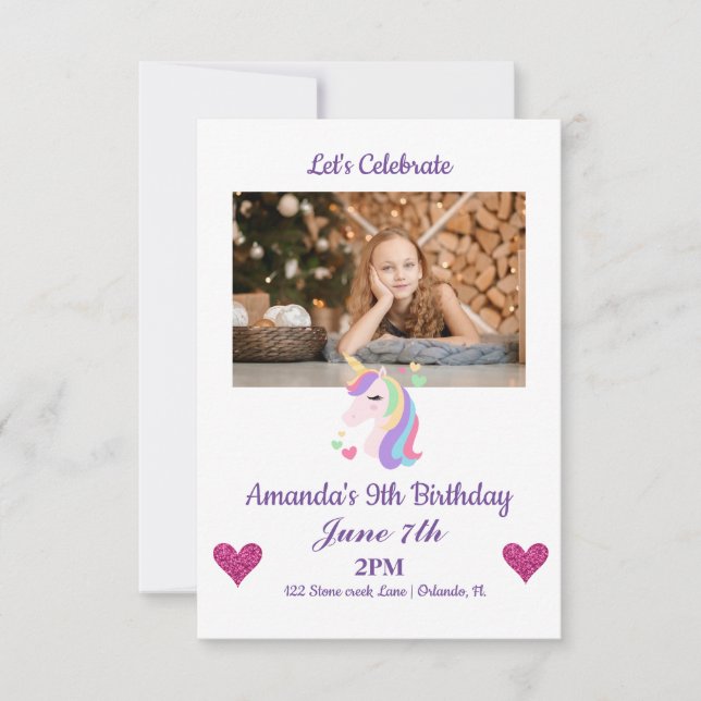Anpassningsbar Photo Magic Unicorn & Hearts Birthd Inbjudningar (Framsida)