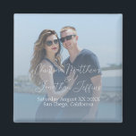 Anpassningsbar Photo med Dusty Blue Bröllop Magnet<br><div class="desc">Den här moderna bröllop eller förlovningen keepsaké-magnet har ett foto av paret över bakgrunden som du kan ersätta med ett eget anpassningsbar-foto. En dammig blå övertoning sträcker sig från grund.</div>