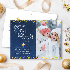 Anpassningsbar Photo Merry Bright Guld Star Blue Helg Vykort