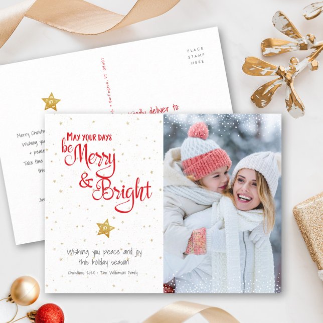 Anpassningsbar Photo Merry Bright Script Guld Star Helg Vykort (Skapare uppladdad)