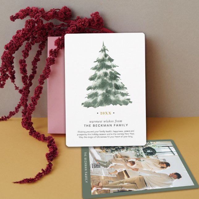 anpassningsbar Photo Minimal Watercolor Julgran Julkort (custom Photo Minimal Watercolor Christmas Tree Holiday Card)