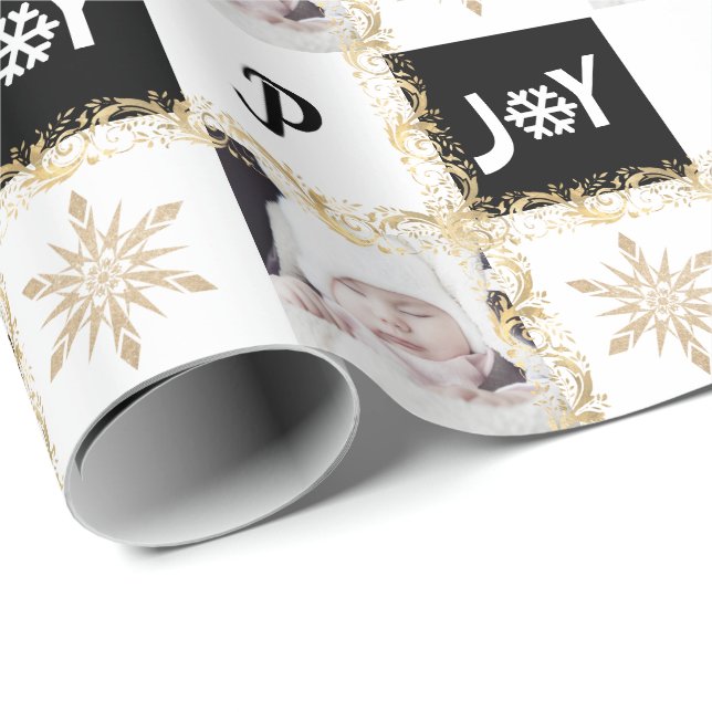 Anpassningsbar Photo Monogram Guld & Black jul Joy Presentpapper (Rullad Hörn)