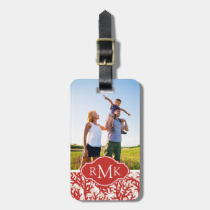 Anpassningsbar Photo & Monogram Red Coral Mönster  Bagagebricka