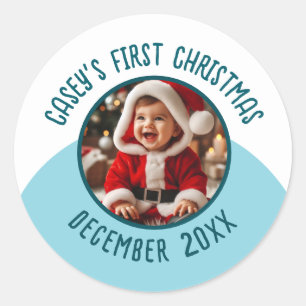 Anpassningsbar Photo Namn add Year Baby Första jul Runt Klistermärke