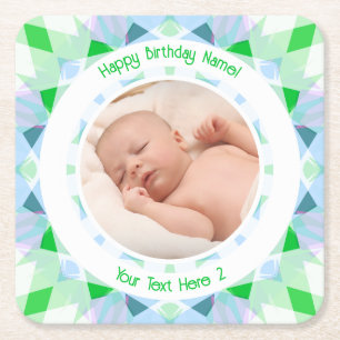 Anpassningsbar Photo Namn Age Blue Grönt Birthday Underlägg Papper Kvadrat